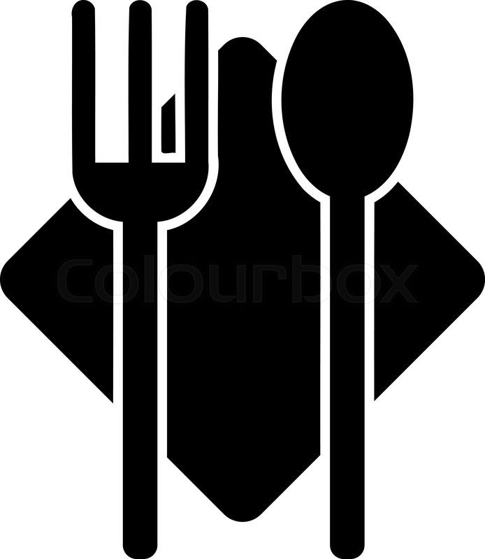 A black and white picture of an icon with a fork, spoon and napkin.